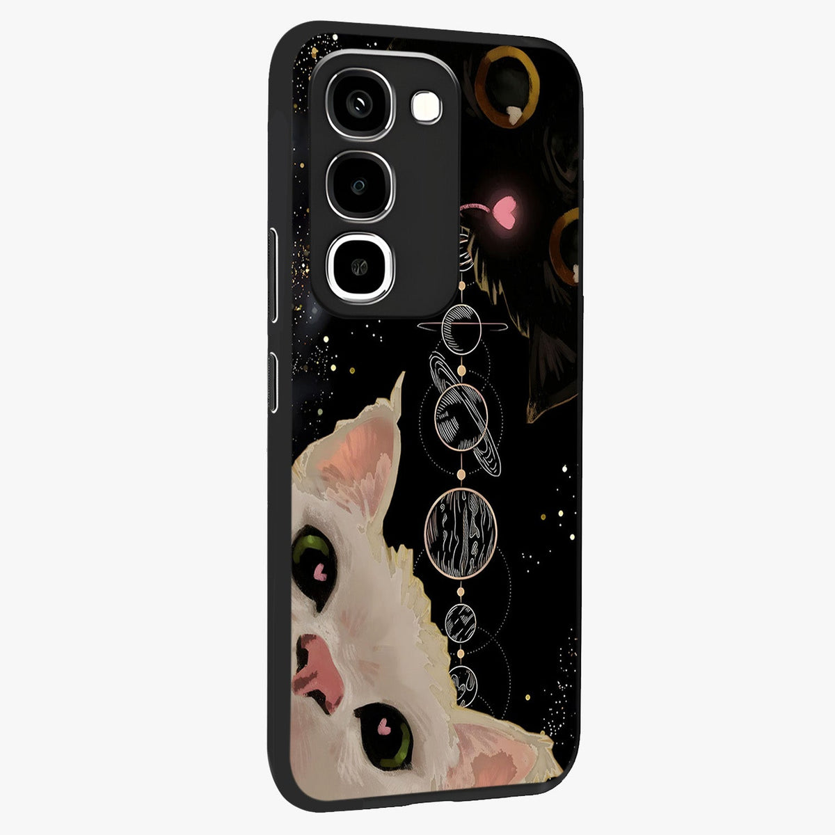 Galactic Cat Glass Case upright view showcasing mystical cat artwork with dreamy cosmic theme.
