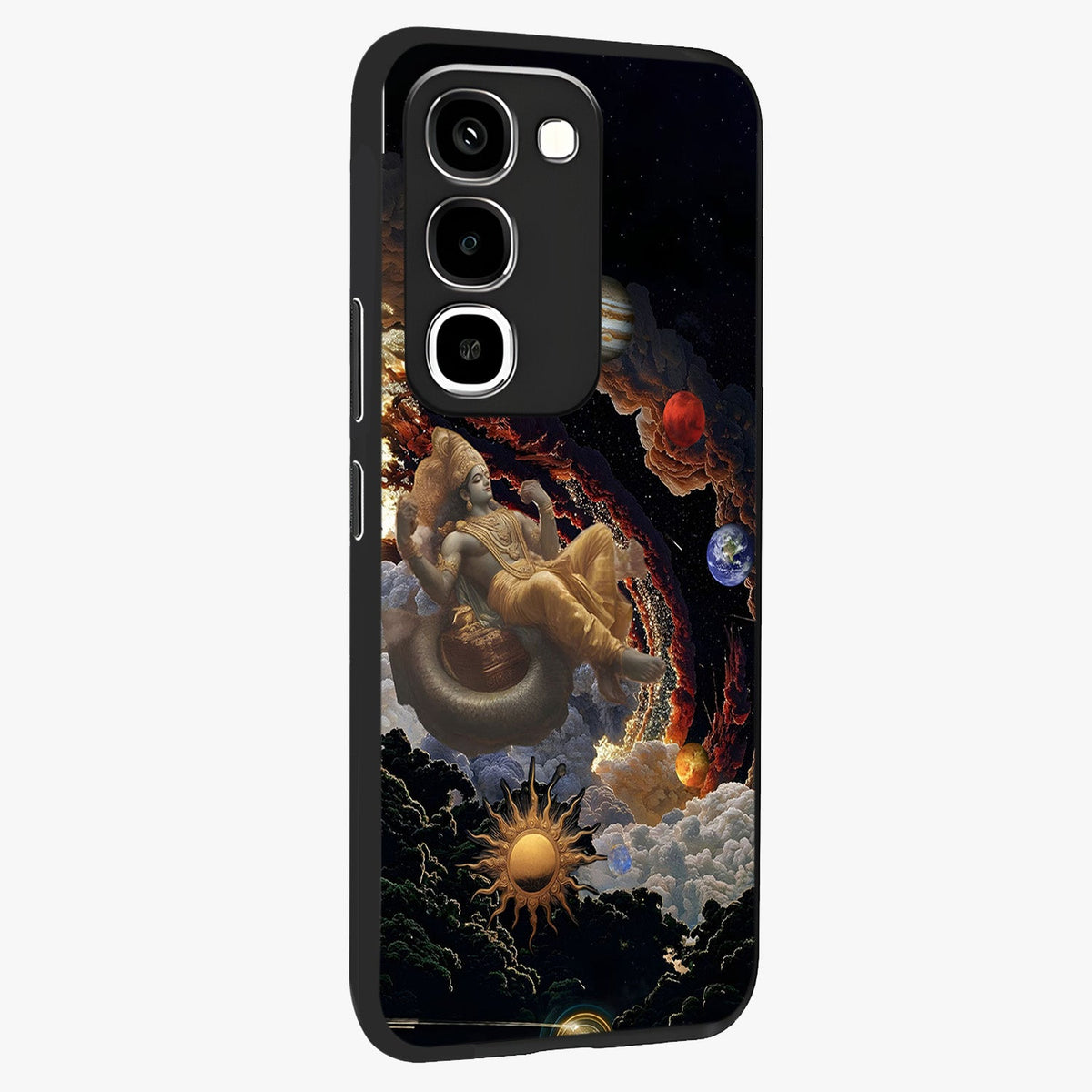 Galactic Divine God Glass Case upright view showcasing mystical divine artwork with dramatic cosmic theme.