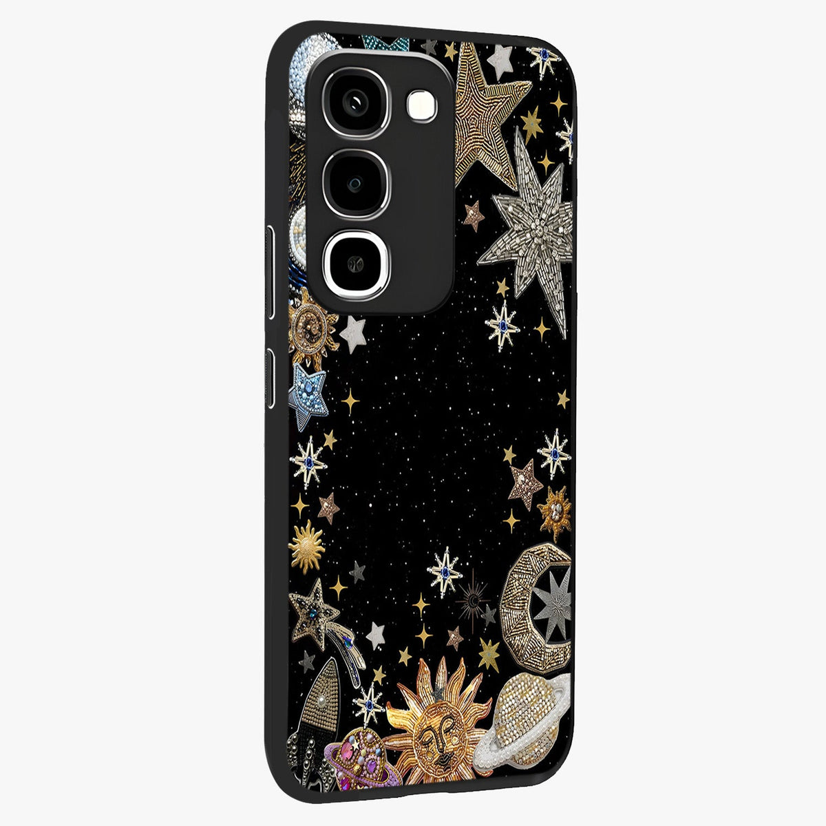Galactic Jewel Stars Glass Case upright view showcasing glittering star jewel artwork with vibrant galaxy theme.