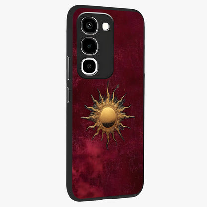 Golden Sun Minimalism Glass Case upright view showcasing simple golden sun artwork with elegant minimalist style.
