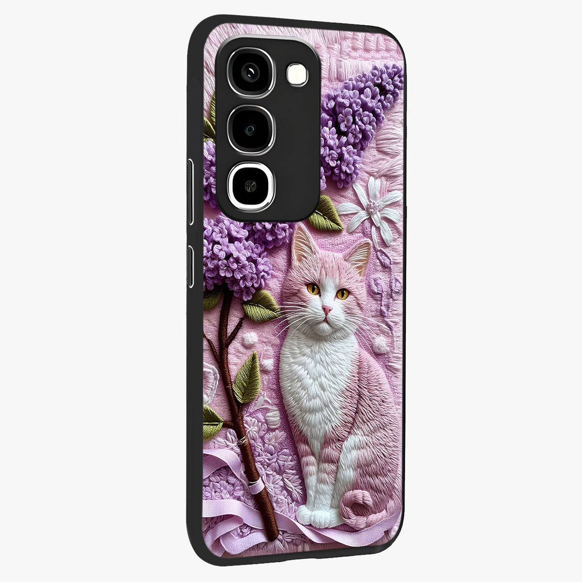 Lavender Cat Whimsy Glass Case upright view showcasing charming cat artwork with whimsical lavender theme.