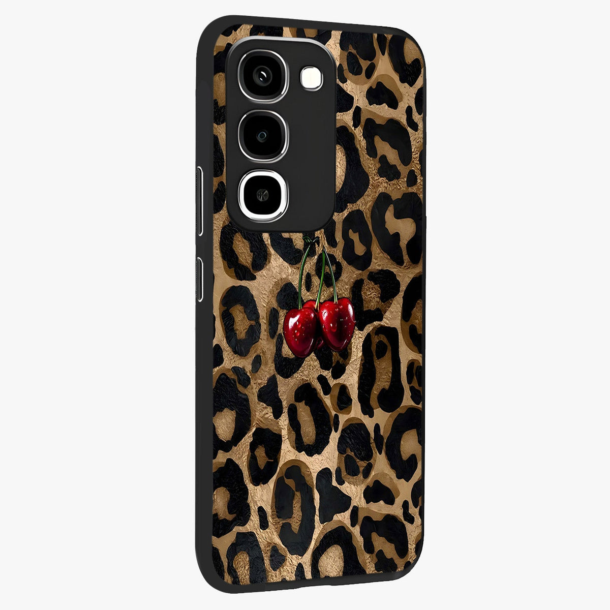 Leopard Wild Cherry Glass Case upright view showcasing stylish leopard pattern artwork with trendy fashion theme.