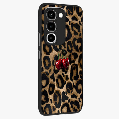 Leopard Wild Cherry Glass Case upright view showcasing stylish leopard pattern artwork with trendy fashion theme.