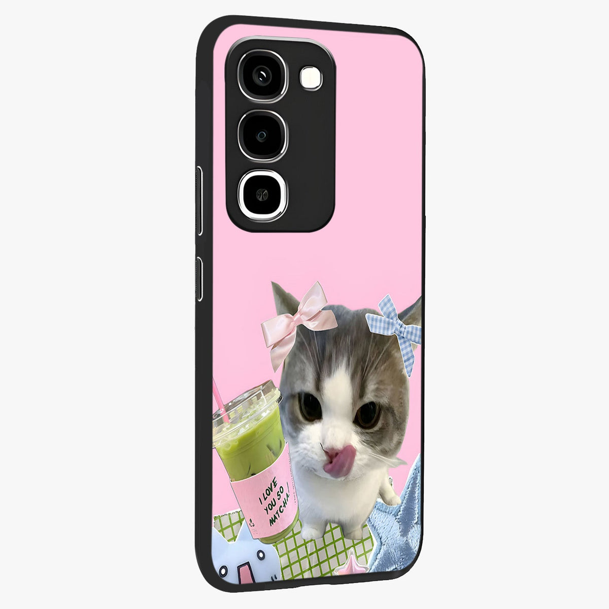 Love Matcha Cat Glass Case upright view showcasing adorable cat artwork with charming matcha themed design.