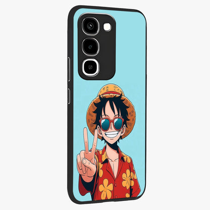 Luffy Summer Anime Vibe Glass Case upright view showcasing dynamic anime artwork with bright adventurous theme.