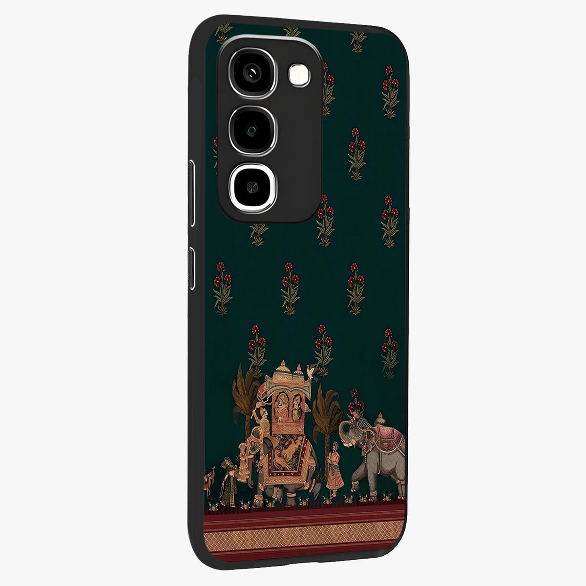Macmerise Glass Case upright view showcasing bold artistic artwork with contemporary design theme.
