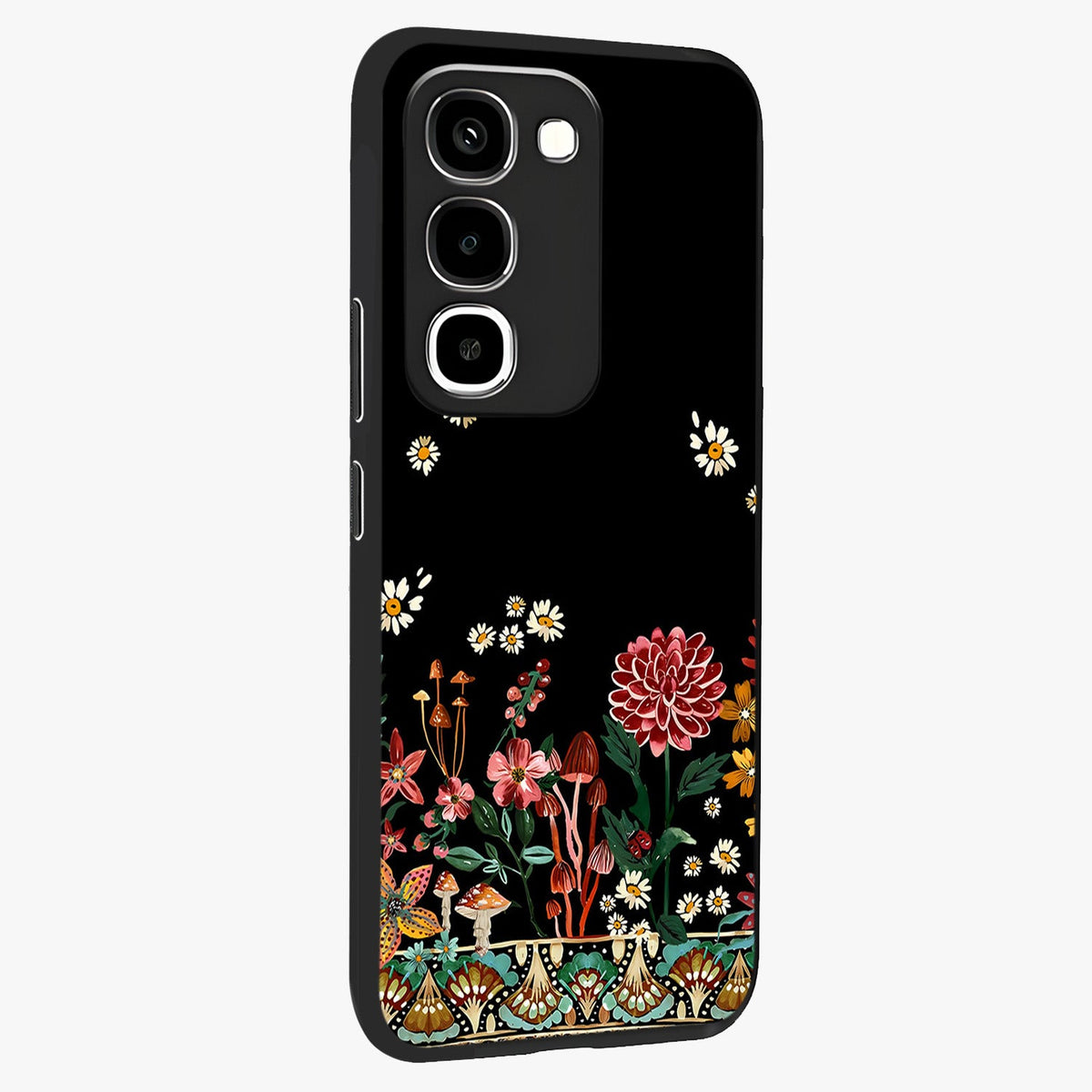 Midnight Bloom Pattern Glass Case upright view showcasing decorative floral artwork with deep night themed palette.