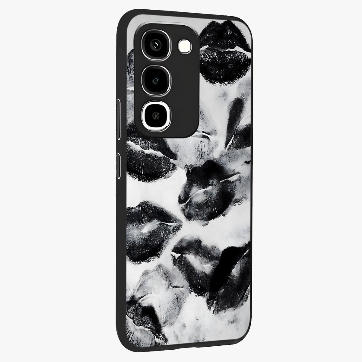 Midnight Kiss Marks Glass Case upright view showcasing stylish kiss mark artwork with trendy romantic theme.