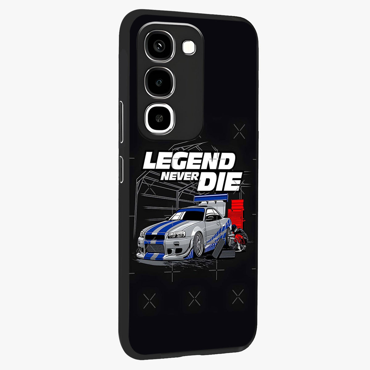 Midnight Racing Legacy Glass Case upright view showcasing powerful racing artwork with modern sports theme.