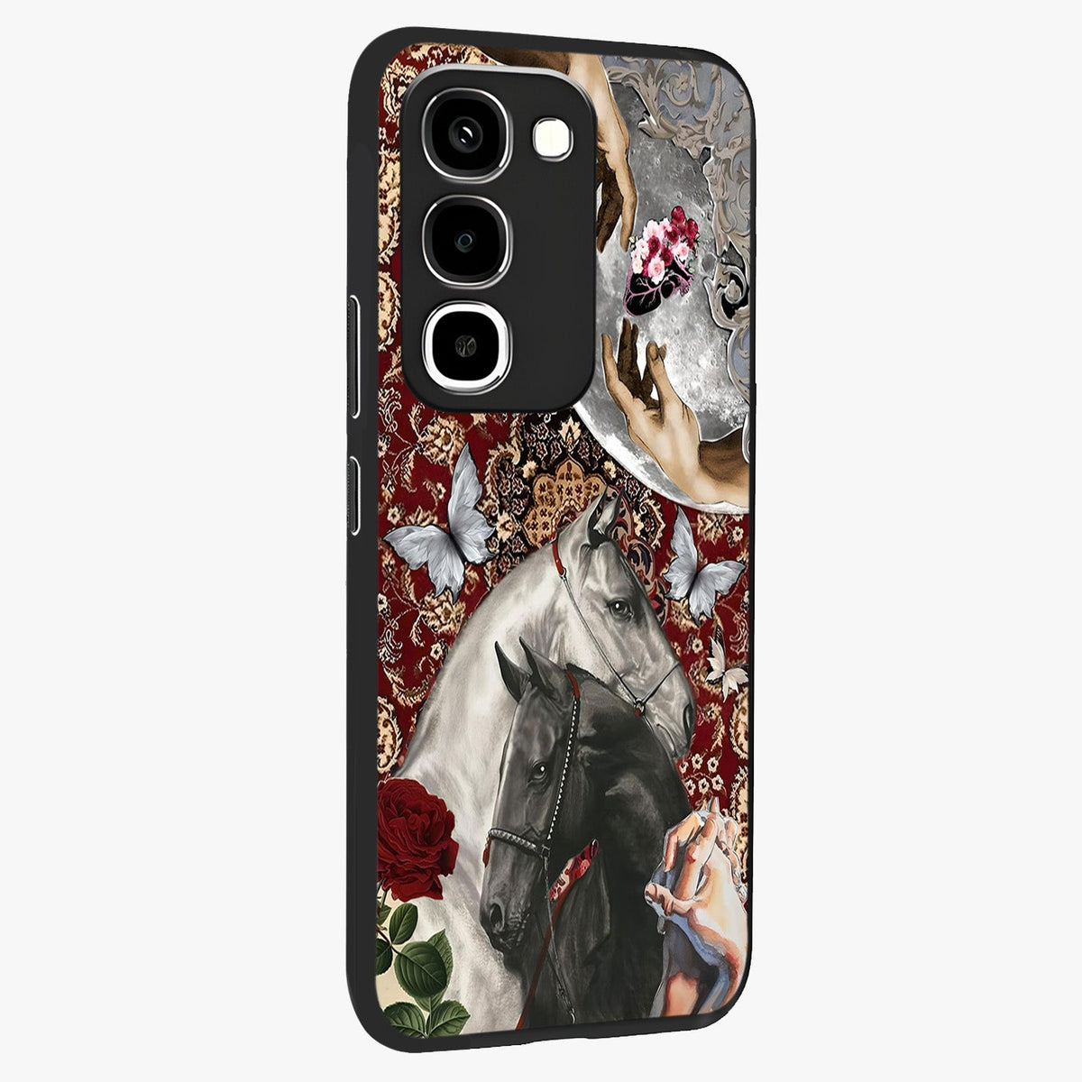 Moonlit Royal Stallion Glass Case upright view showcasing dramatic horse artwork with glowing moon themed design.