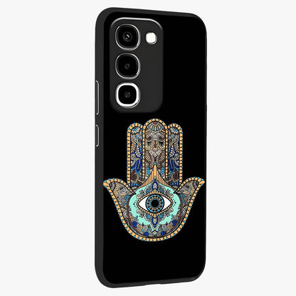 Mystic Hamsa Eye Glass Case upright view showcasing detailed hamsa eye artwork with protective spiritual theme.