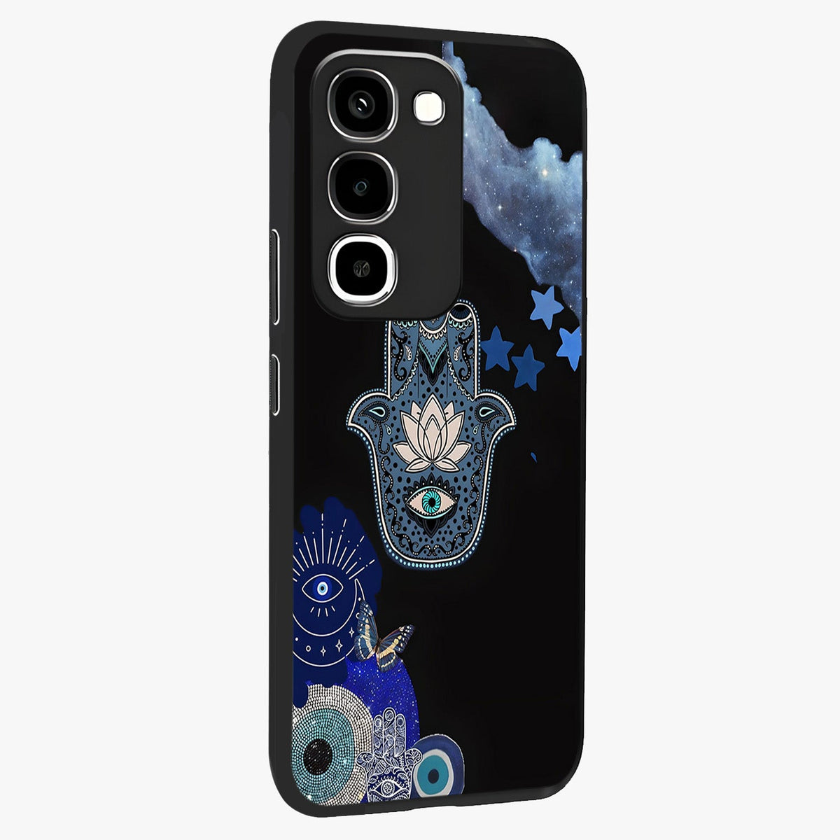 Mystic Hand Aura Glass Case upright view showcasing symbolic hand artwork with mystical energy theme.