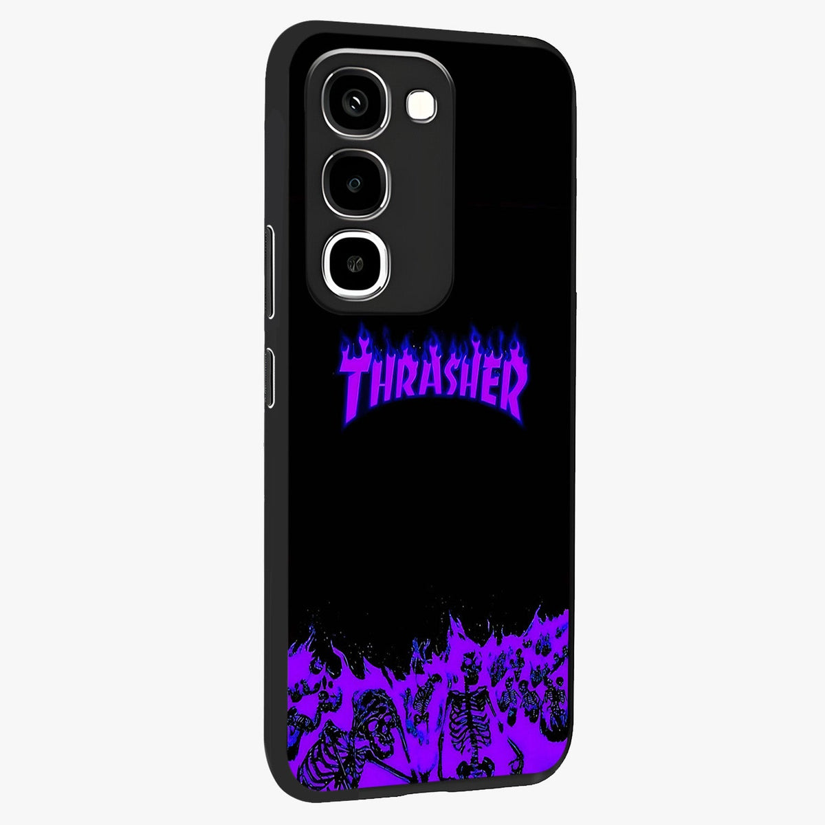 Neon Flame Riot Glass Case upright view showcasing dynamic flame artwork with energetic neon theme.
