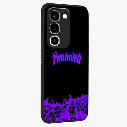Neon Flame Riot Glass Case upright view showcasing dynamic flame artwork with energetic neon theme.
