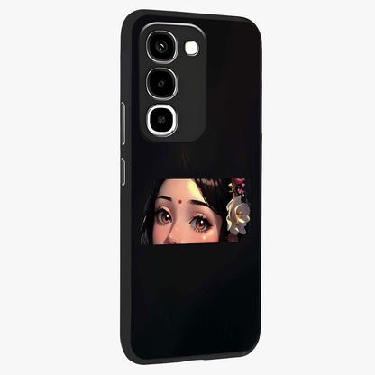Radha Divine Embrace Glass Case upright view showcasing sacred Radha themed artwork with peaceful devotional style.