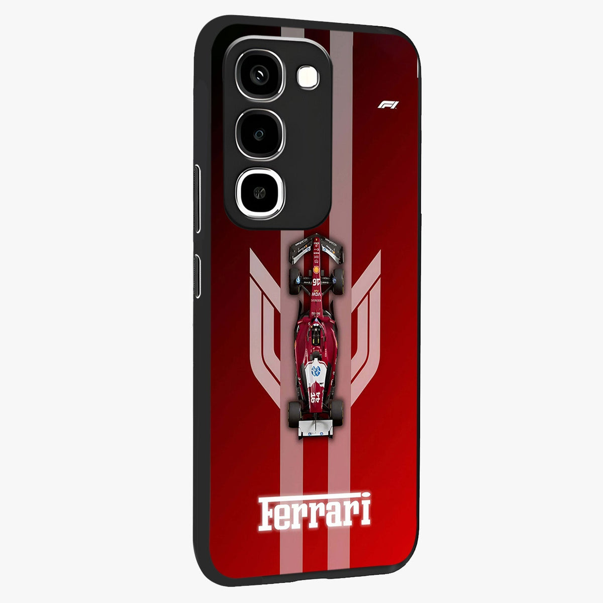 Red Ferrari F1 Vertical Glass Case upright view showcasing powerful Formula car artwork with dynamic motorsport theme.