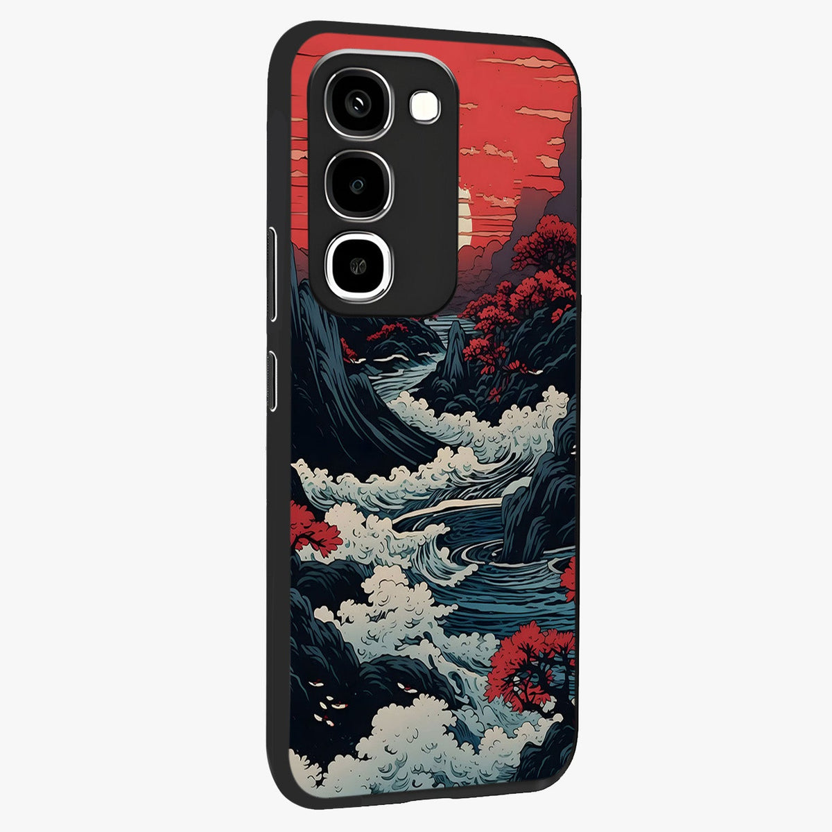 Red Sunset Scenery Glass Case upright view showcasing dramatic sunset scenery artwork with warm nature theme.