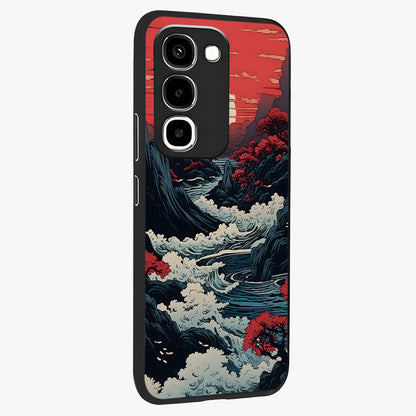 Red Sunset Scenery Glass Case upright view showcasing dramatic sunset scenery artwork with warm nature theme.