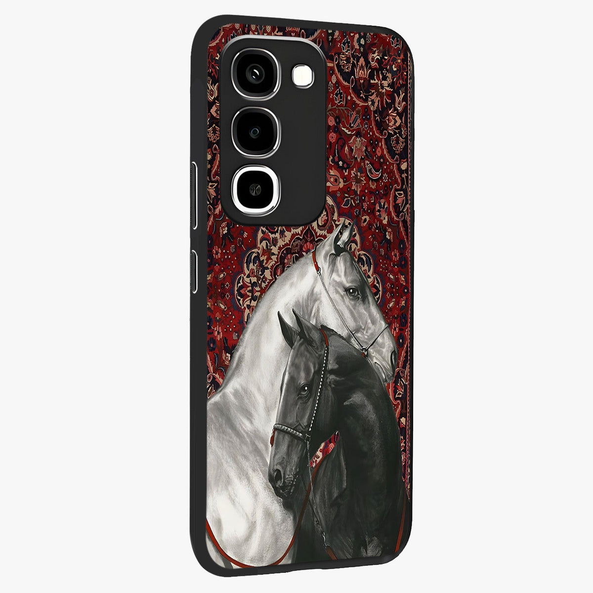 Regal Stallion Tapestry Glass Case upright view showcasing powerful horse artwork with elegant tapestry theme.