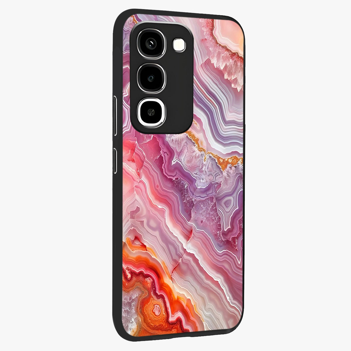 Rose Quartz Marble Glass Case upright view showcasing decorative marble artwork with luxurious pastel theme.
