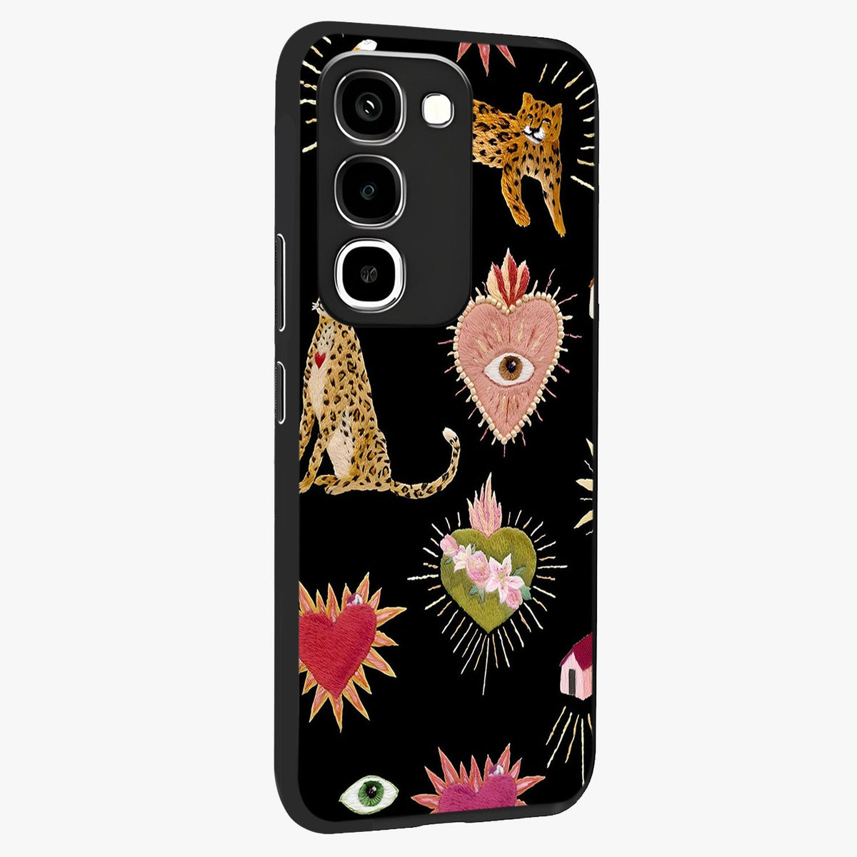 Sacred Jungle Heart Glass Case upright view showcasing vibrant jungle artwork with symbolic heart theme.