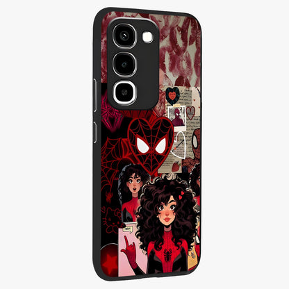 Spider Love Story Glass Case upright view showcasing charming superhero artwork with romantic comic theme.