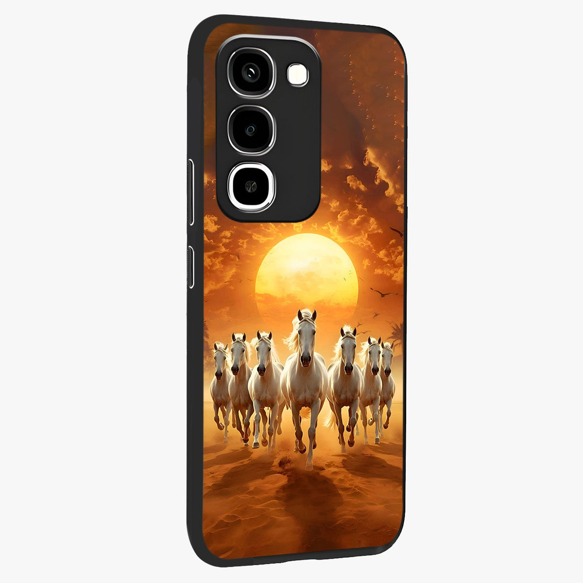 Wild Sunset Majesty Glass Case upright view showcasing dramatic sunset artwork with bold nature theme.