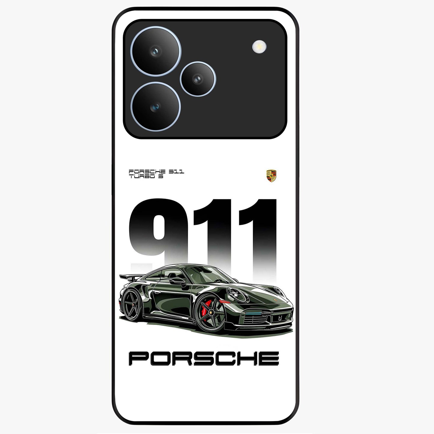 911 Turbo Dominance Glass Case showing clean flat back view with bold 911 sports car artwork and glossy glass finish.