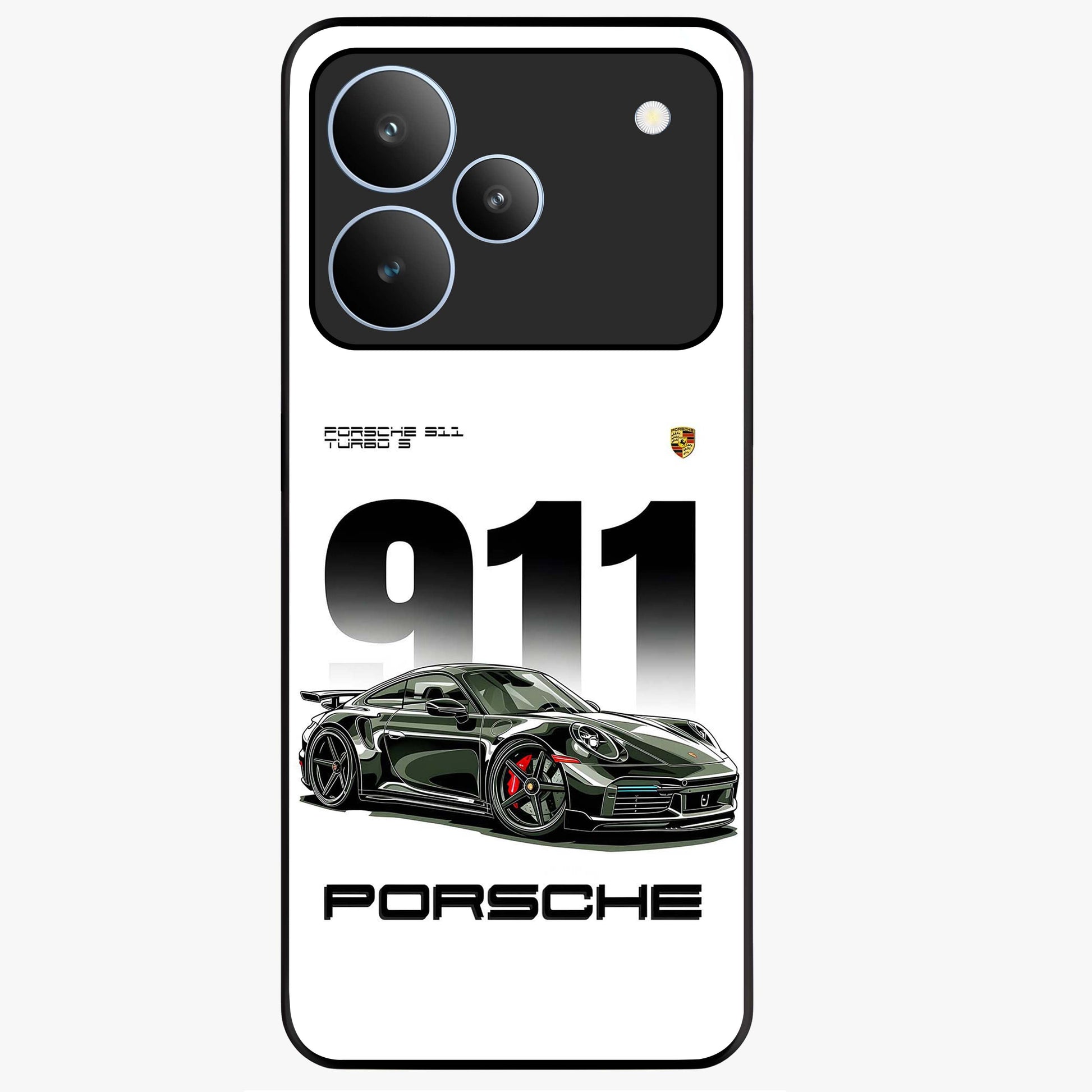 911 Turbo Dominance Glass Case showing clean flat back view with bold 911 sports car artwork and glossy glass finish.