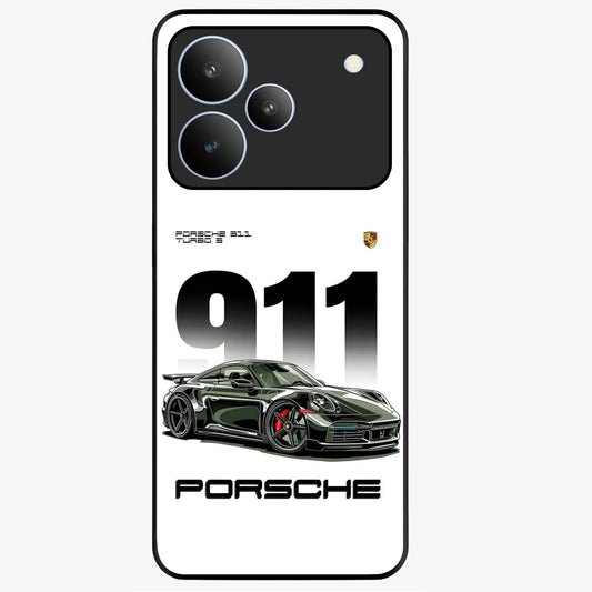 911 Turbo Dominance Glass Case showing clean flat back view with bold 911 sports car artwork and glossy glass finish.