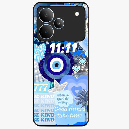 Aesthetic Be Kind Eye Glass Case showing flat back view with motivational eye artwork and glossy glass finish.