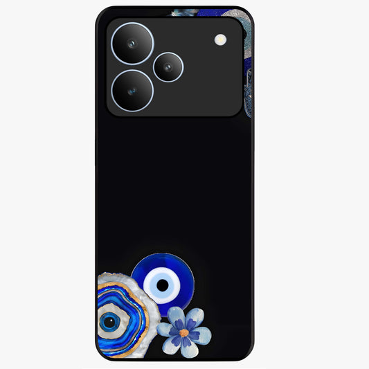 Aesthetic Blue Evil Eye Glass Case showing flat back view with protective evil eye artwork and glossy glass finish.