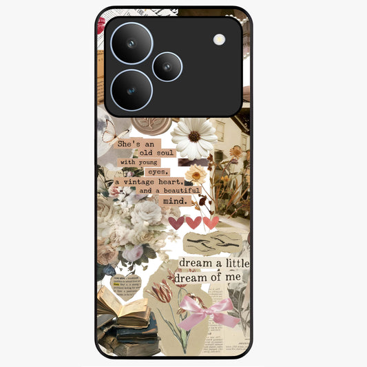 Aesthetic Brown Vintage Collage Glass Case showing flat back view with retro collage artwork and glossy glass finish.