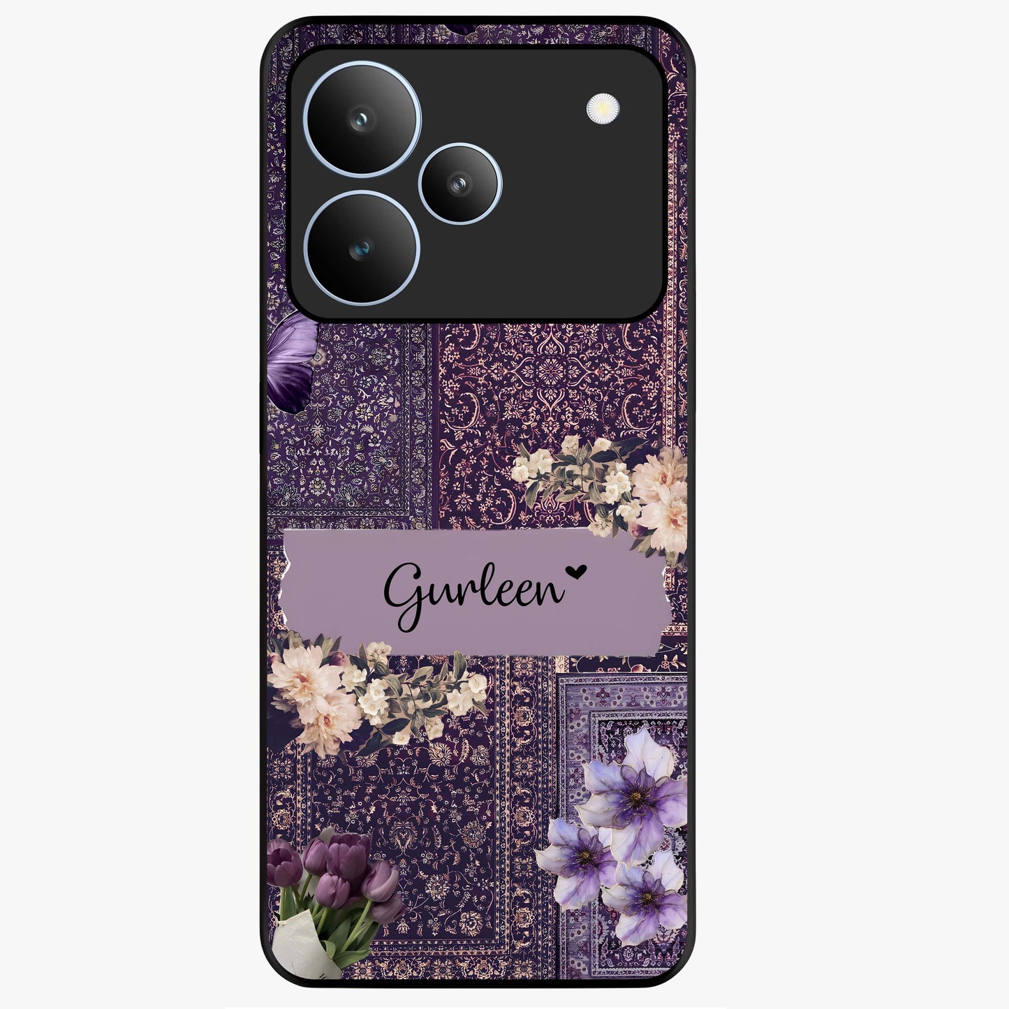 Antique Floral Whisper Custom Name Glass Case showing flat back view with vintage floral artwork and personalized name design.