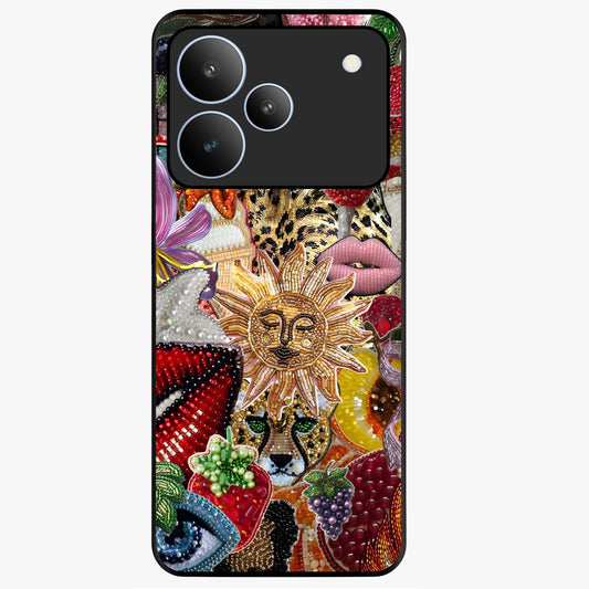 Beaded Fashion Jungle Glass Case showing flat back view with vibrant jungle inspired bead artwork and glossy glass finish.