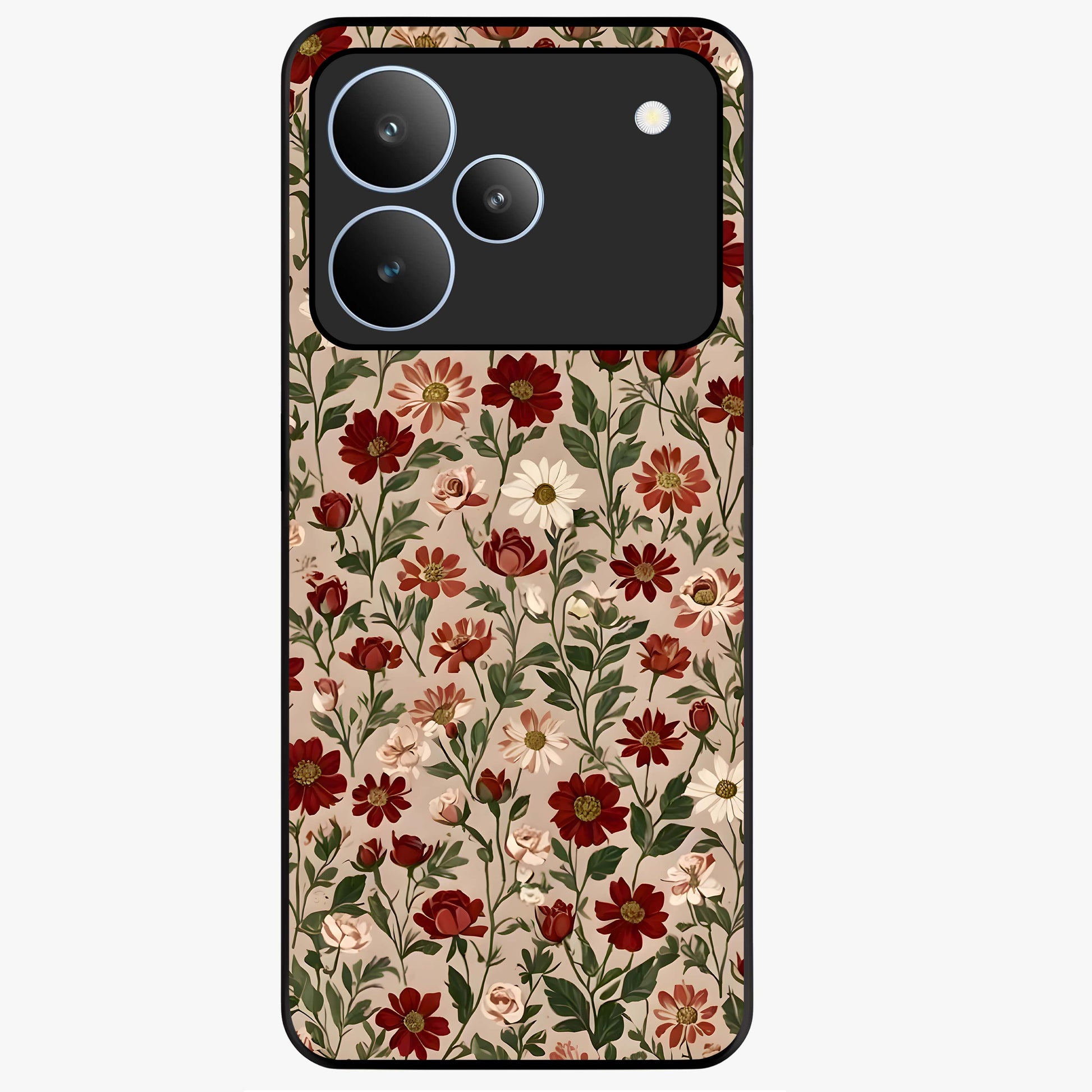 Biege Flower With Leaf Glass Case showing flat back view with soft beige floral artwork and glossy glass finish.