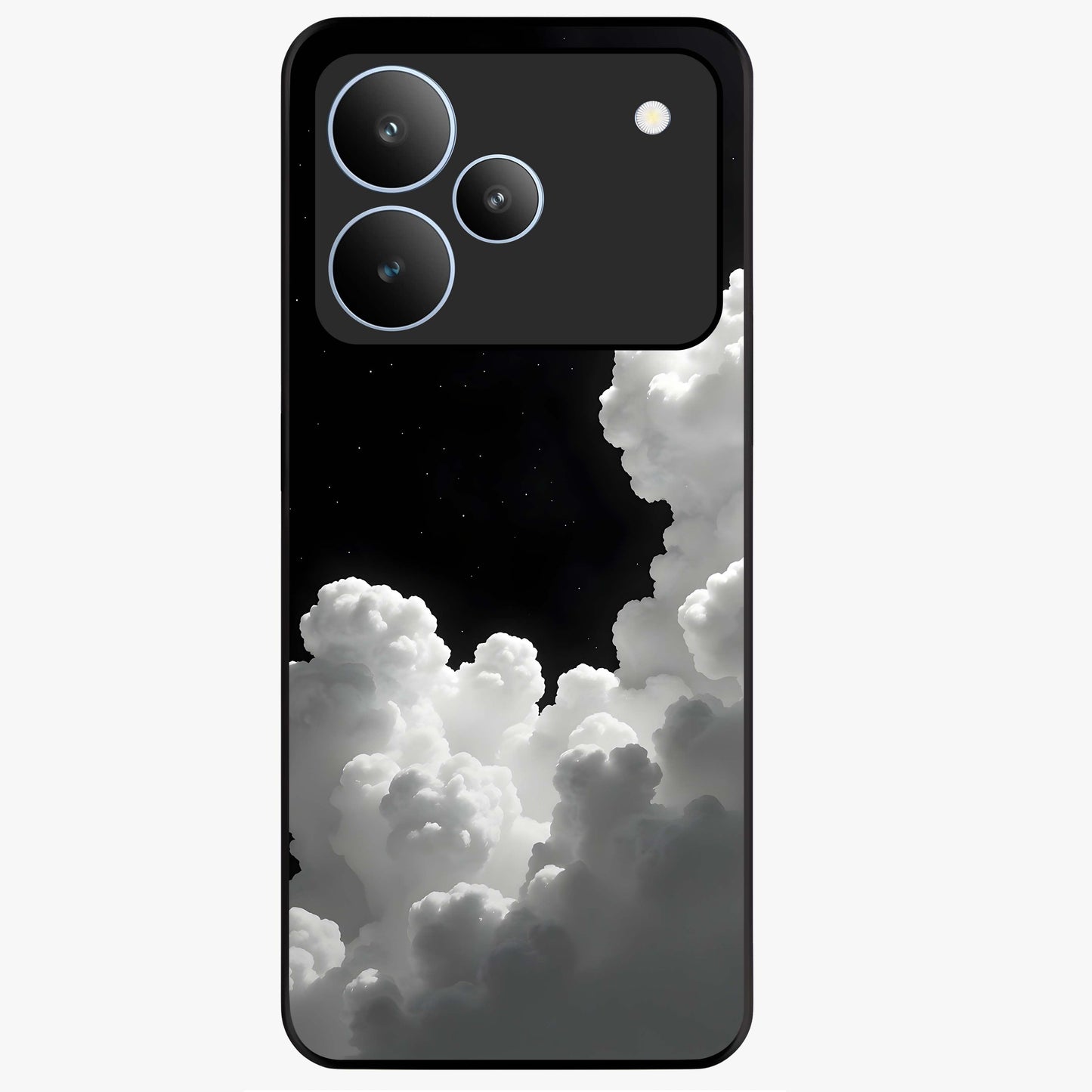 Black Background With White Cloud Glass Case showing flat back view with minimal cloud artwork on dark background and glossy glass finish.