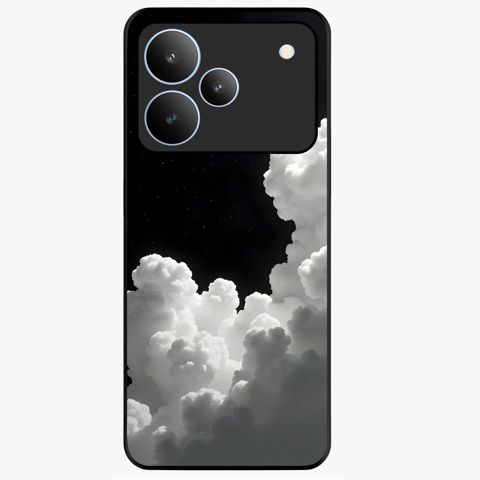 Black Background With White Cloud Glass Case showing flat back view with minimal cloud artwork on dark background and glossy glass finish.