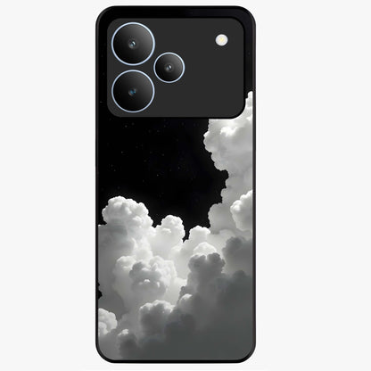 Black Background With White Cloud Glass Case showing flat back view with minimal cloud artwork on dark background and glossy glass finish.