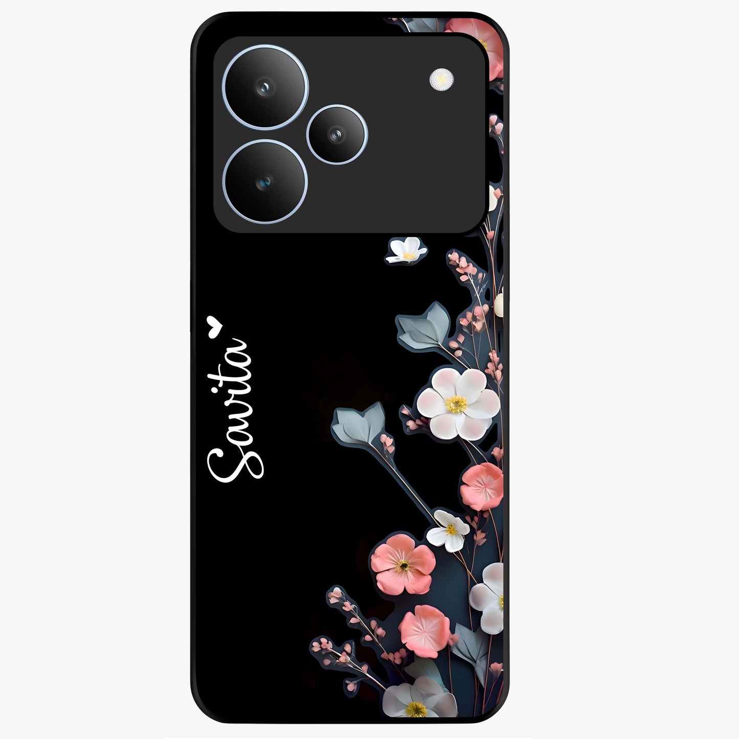 Black Elegance Floral Custom Name Glass Case showing flat back view with elegant floral artwork and personalized name design.