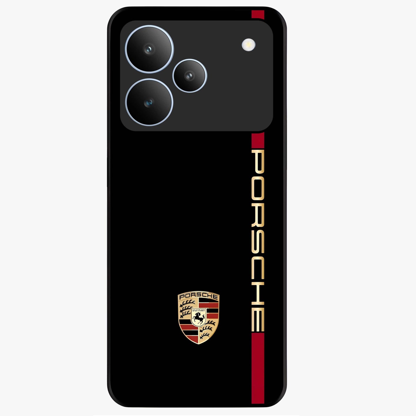 Black Minimal Porsche Glass Case showing flat back view with sleek minimal sports car artwork and glossy glass finish.