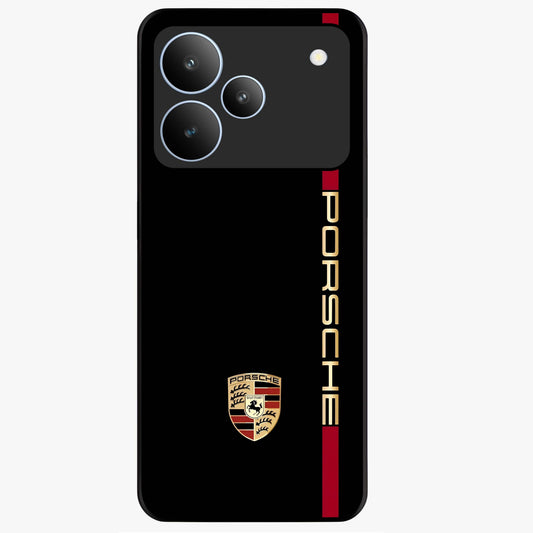 Black Minimal Porsche Glass Case showing flat back view with sleek minimal sports car artwork and glossy glass finish.