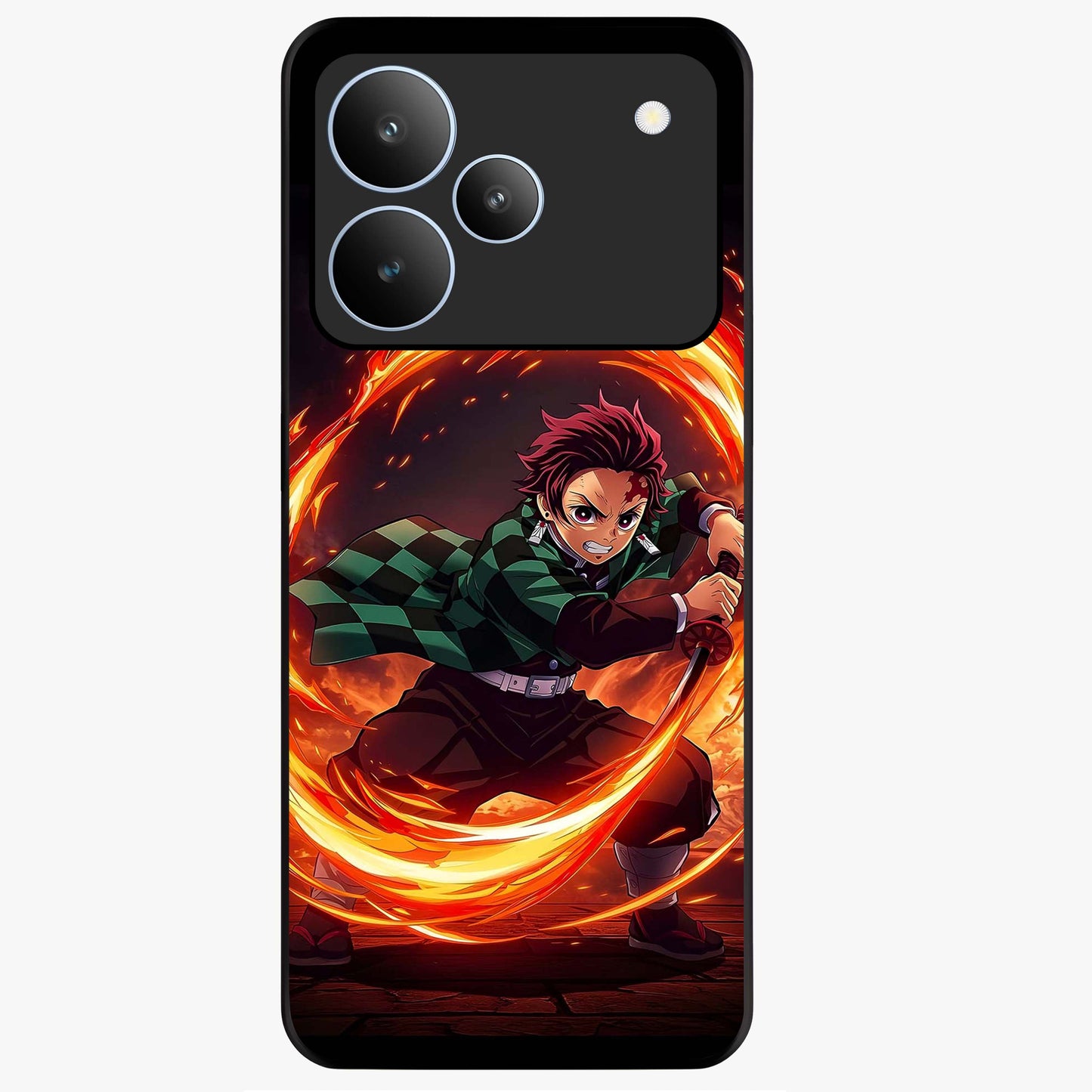 Blazing Sword Resolve Glass Case showing flat back view with fiery sword artwork and glossy glass finish.