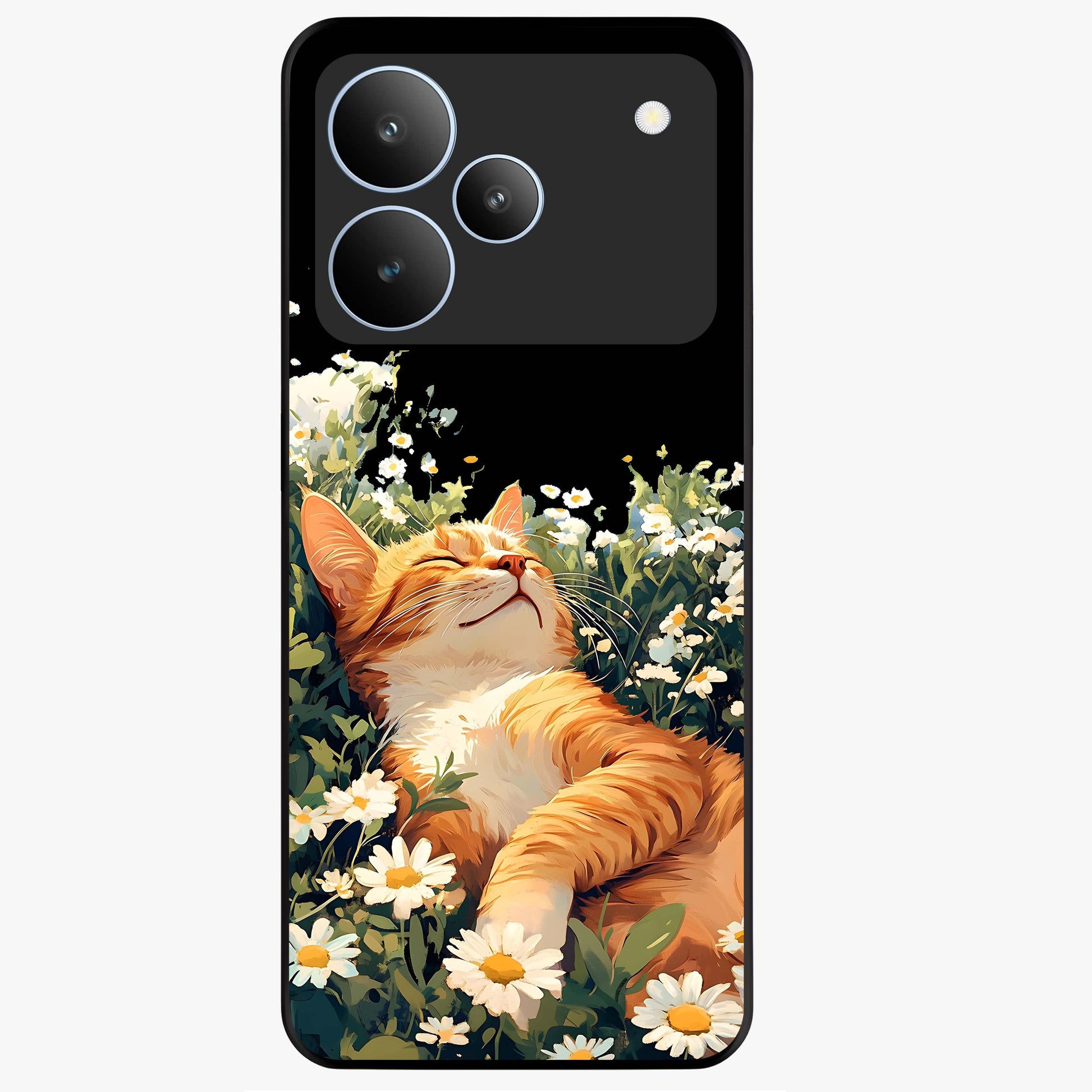 Blissful Bloom Cat Glass Case showing flat back view with cute cat and floral bloom artwork and glossy glass finish.
