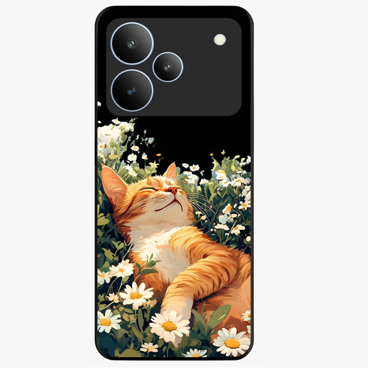 Blissful Bloom Cat Glass Case showing flat back view with cute cat and floral bloom artwork and glossy glass finish.