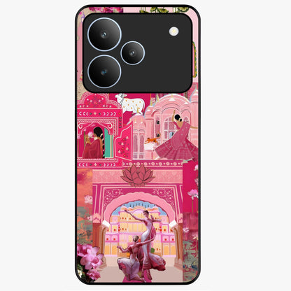 Blossoms of Rajasthan Glass Case showing flat back view with traditional floral artwork inspired by Rajasthan and glossy glass finish.