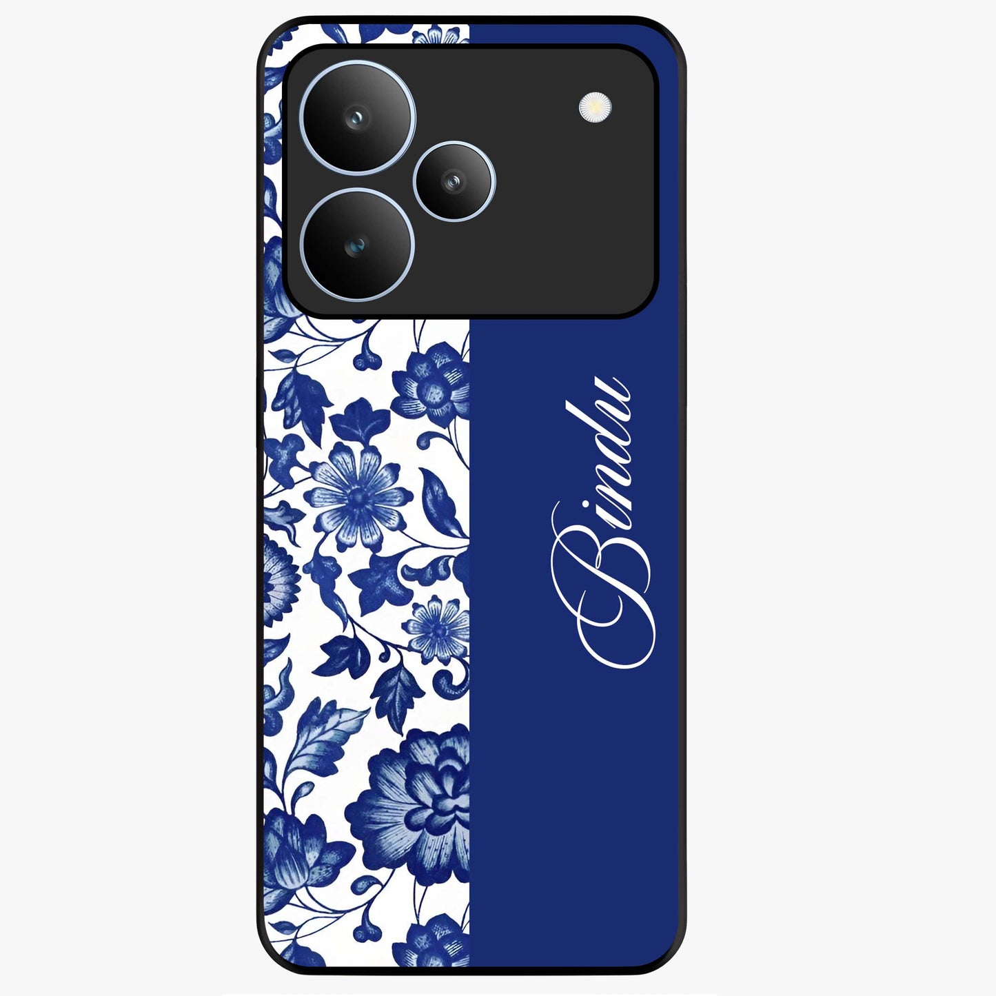 Blue Vintage Floral Pattern Glass Case upright view showcasing timeless floral illustration with vintage inspired style.