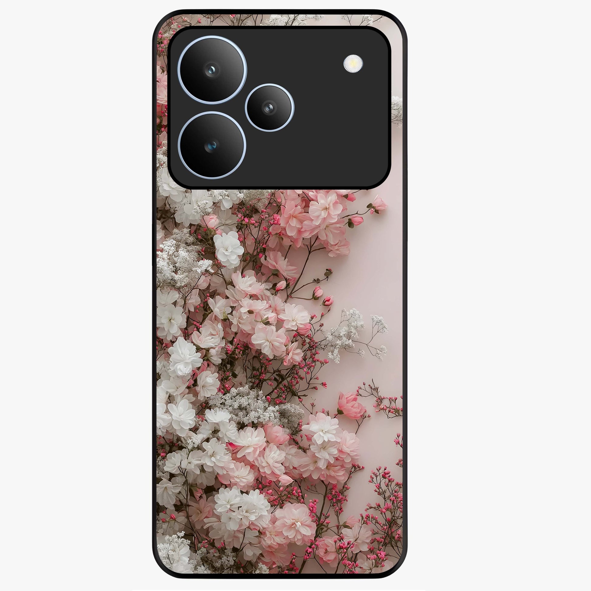 Blush Blossom Cloud Glass Case showing flat back view with dreamy blush cloud blossom artwork and glossy glass finish.