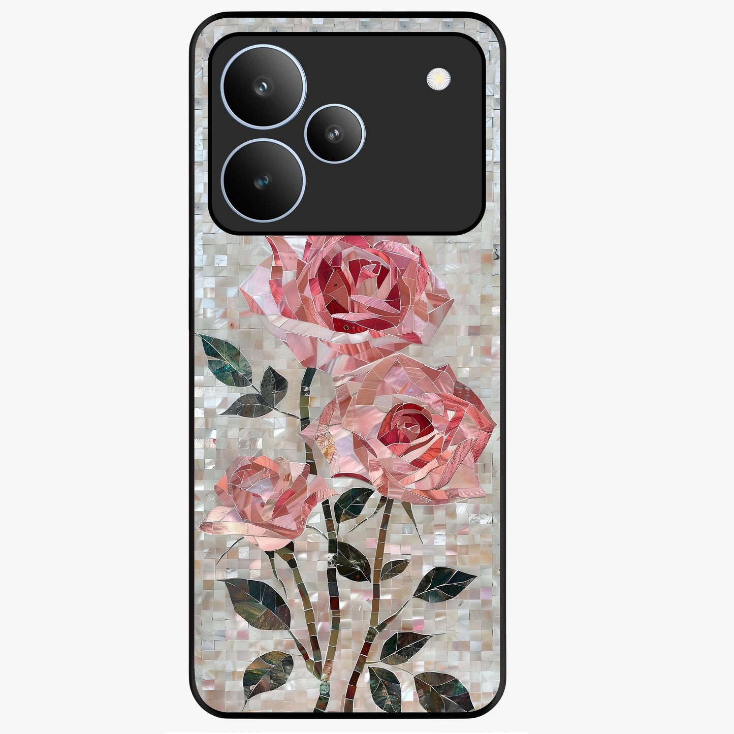 Blush Mosaic Bloom Glass Case showing flat back view with mosaic floral bloom artwork and glossy glass finish.