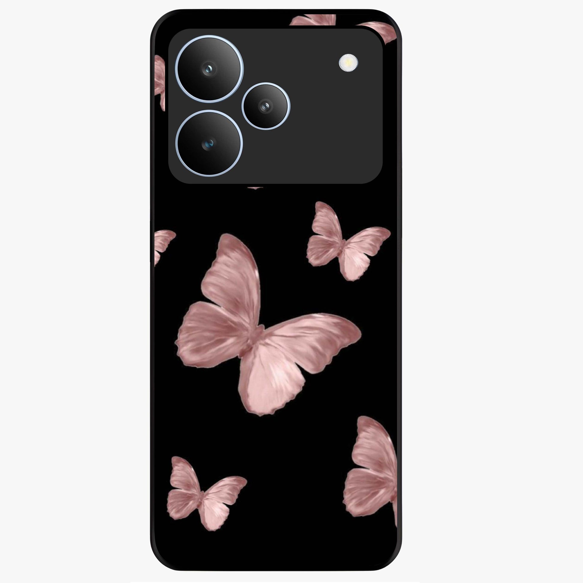 Butterfly Pattern Glass Case showing flat back view with elegant butterfly pattern artwork and glossy glass finish.